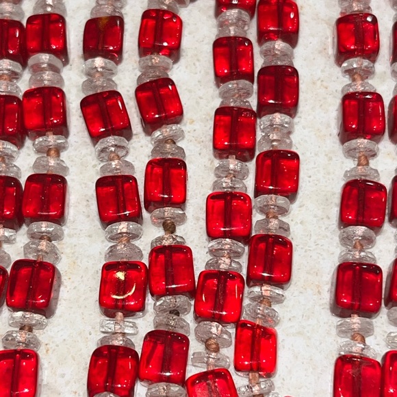 Vintage  Deco Necklace Glass Red Cube Beads Hand Tied bohemian - Picture 6 of 9